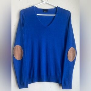 Massimo Dutti Blue V-Neck Sweater with Tan Elbow Patches